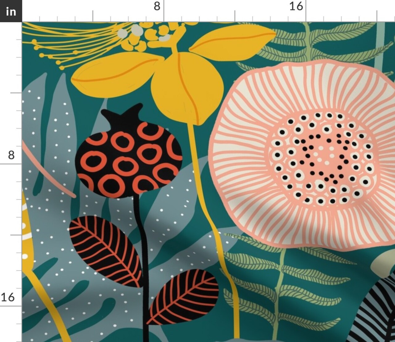 Garden Retro Modern Florals Scandinavian Anthuriums Green Red Yellow Pink Black Blue Bedroom Style Custom Printed Fabric by Spoonflower Various Fabrics by the Yard or Fat Quarter 13513532